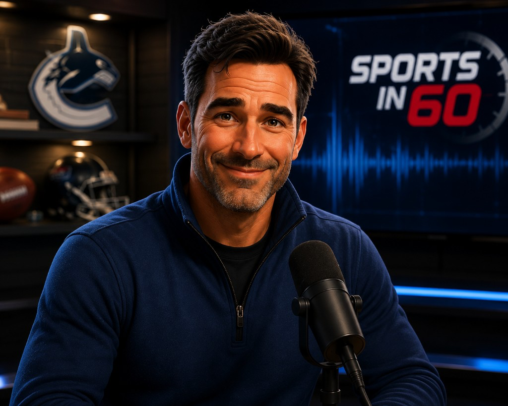 Jay Robertson in the Sports in 60 Vancouver studio with Canucks memorabilia