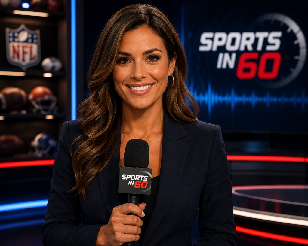 Kate Parker with a mic in the Sports in 60 studio